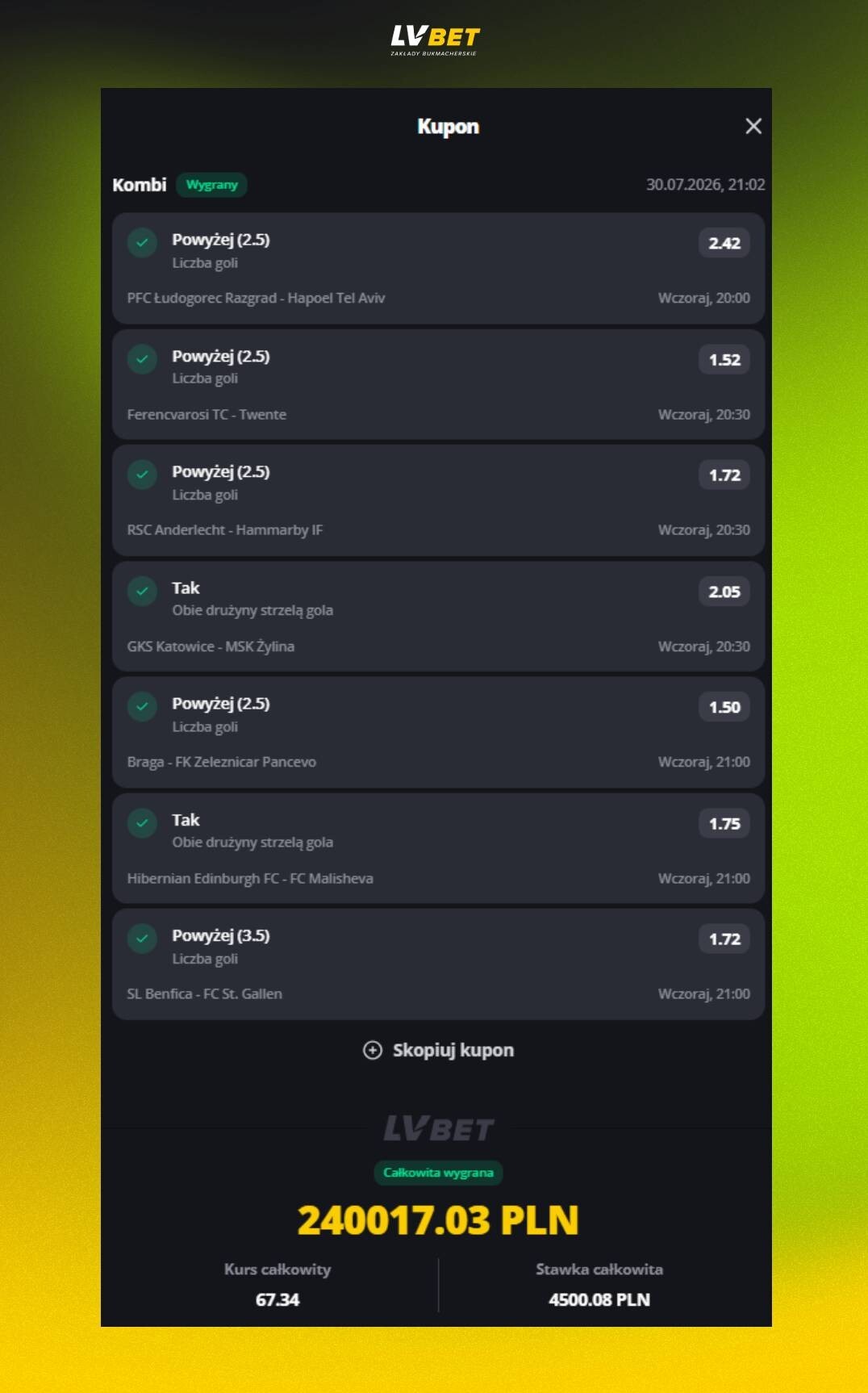 Wygrany kupon LV BET na&nbsp;240 017,03 zł