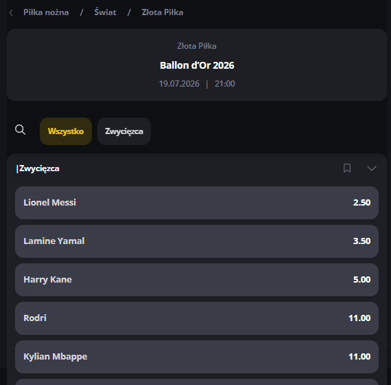 Lionel Messi faworytem do&nbsp;Złotej Piłki 2026 po&nbsp;kursie 2.50 w&nbsp;LV BET