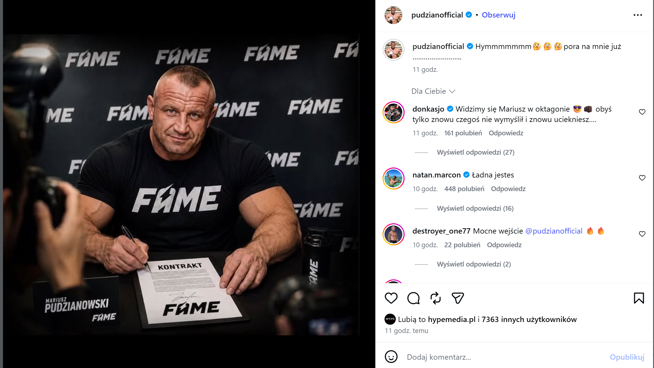 Screen wpisu Mariusza Pudzianowskiego o&nbsp;FAME MMA